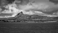 Eigg mountain and shore BW