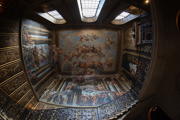 The King's staircase leading to William III apartments at Hampton Court. Antonio Verrio painted the magnificent walls and ceiling of the King’s Staircase. Verrio showed William III in triumphal mode,