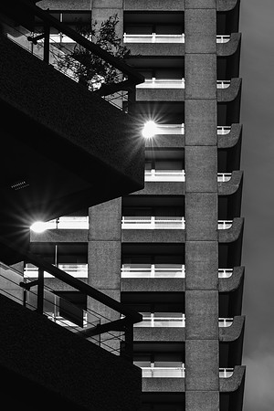 Barbican Tower glinting BW