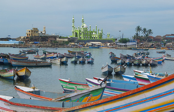 Kovalam fishing boats and mosque