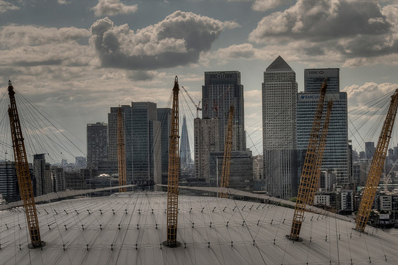 O2, Canary Wharf and the Shard viewed from the 'Air Line' cablecar