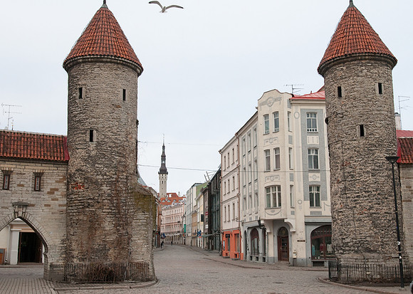 Tallinn city walls at Viru Gate early morning