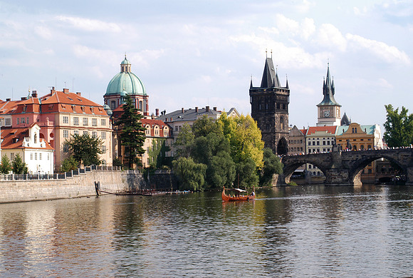 charles bridge and viking boat