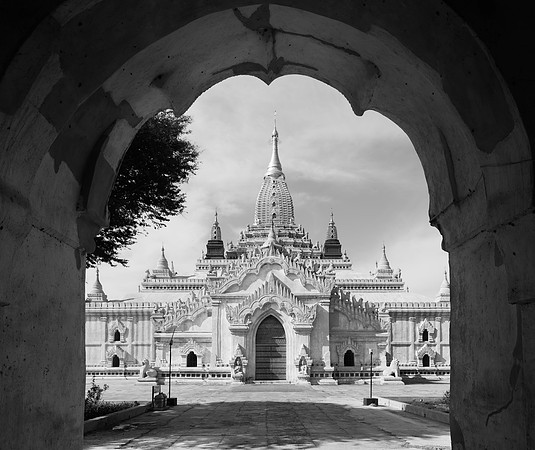 Bagan temple Indian restoration bw