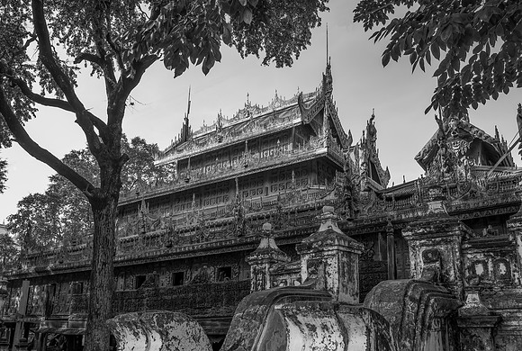 Mandalay teak temple 3 bw