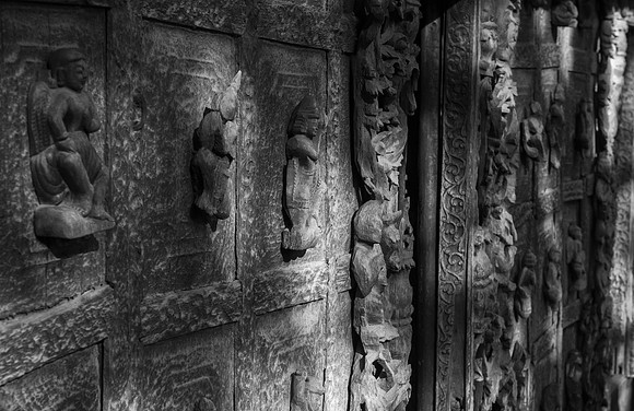 Mandalay teak temple carvings 2 bw