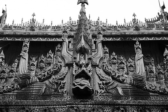 Mandalay teak temple carvings bw
