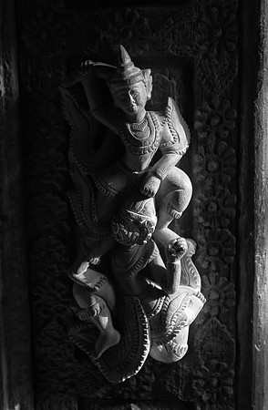 Mandalay temple teak carving bw