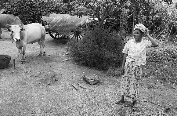 Farmyard and smiling woman bw