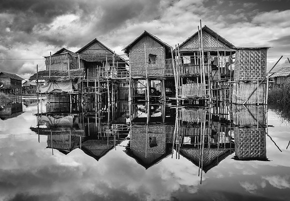 Inle Lake village reflection bw