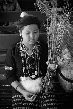 Yangon river ferry tribal girl bw
