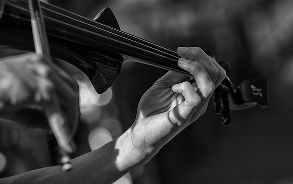 Violin busker hands bw