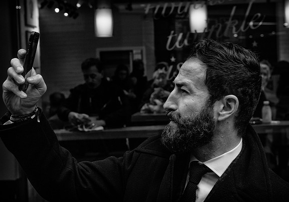 Carnaby Street beard and smartphone bw