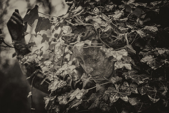 Highgate Cemetery bw statue, face