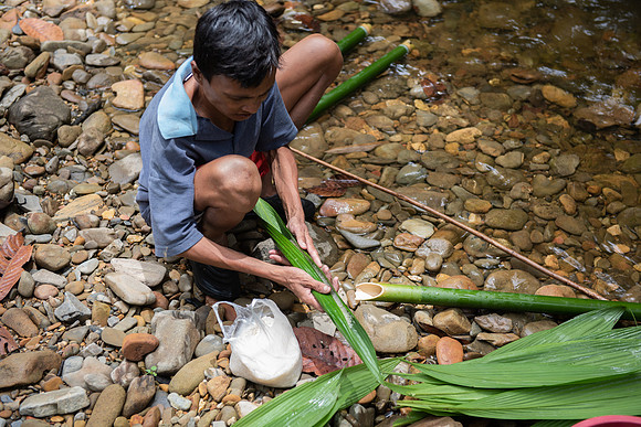 Mengkak waterfall hike rice in bamboo