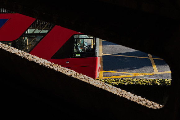red bus through slit