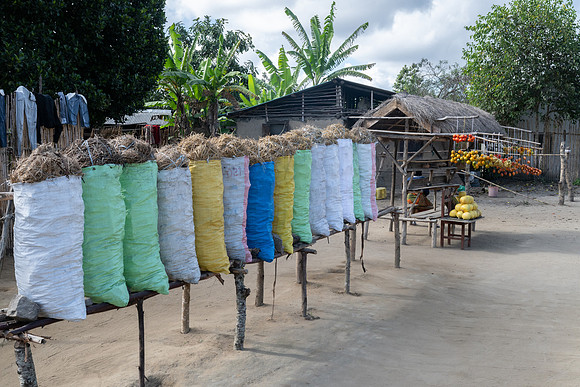 Charcoal bags and fruit for sale
